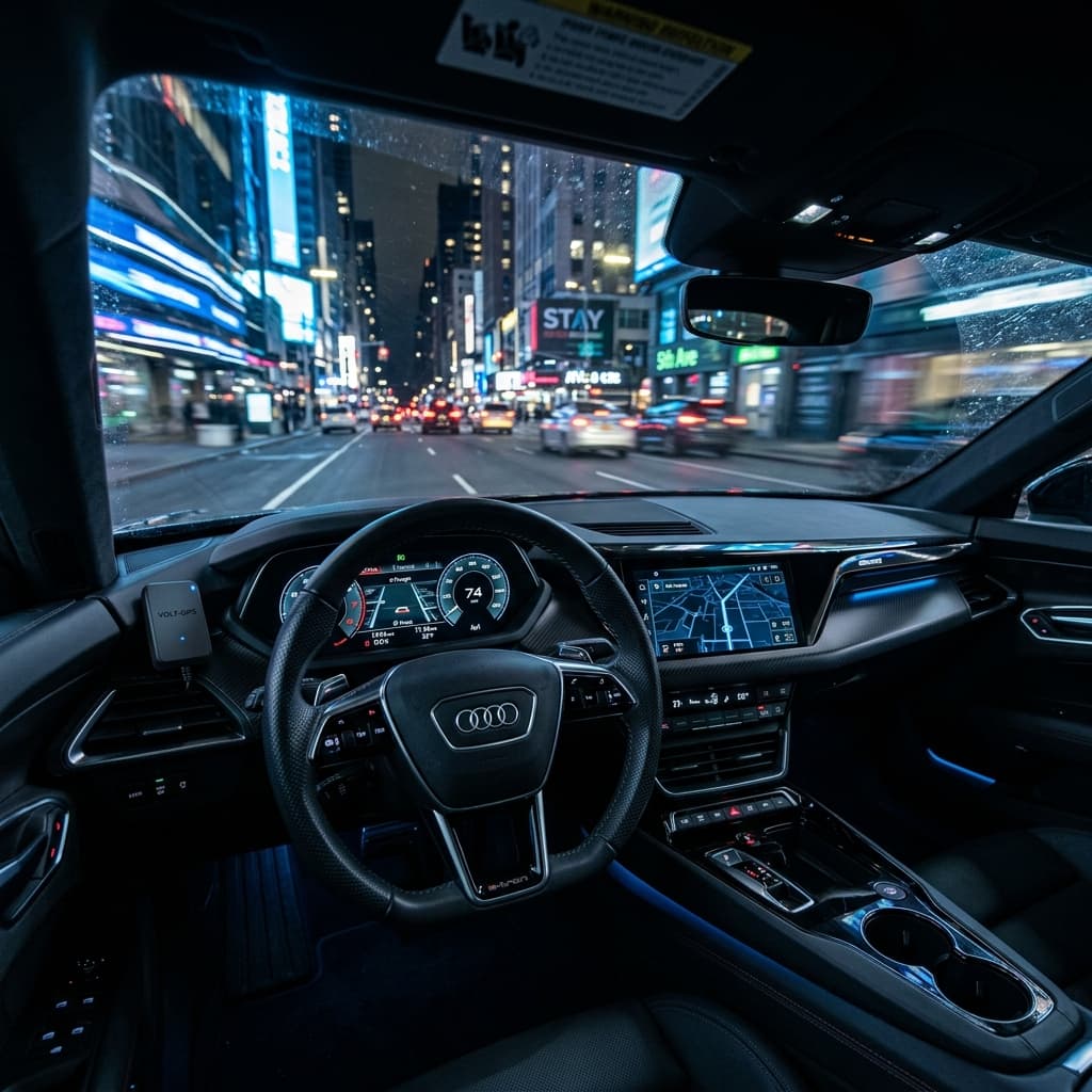 GPS tracker on car dashboard at night